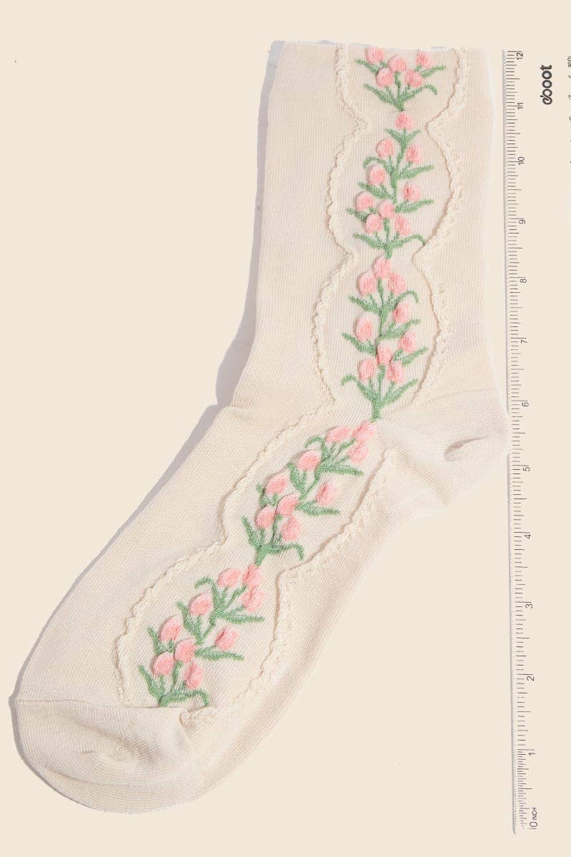 Beige Floral Tulip Vine Embroidered Socks