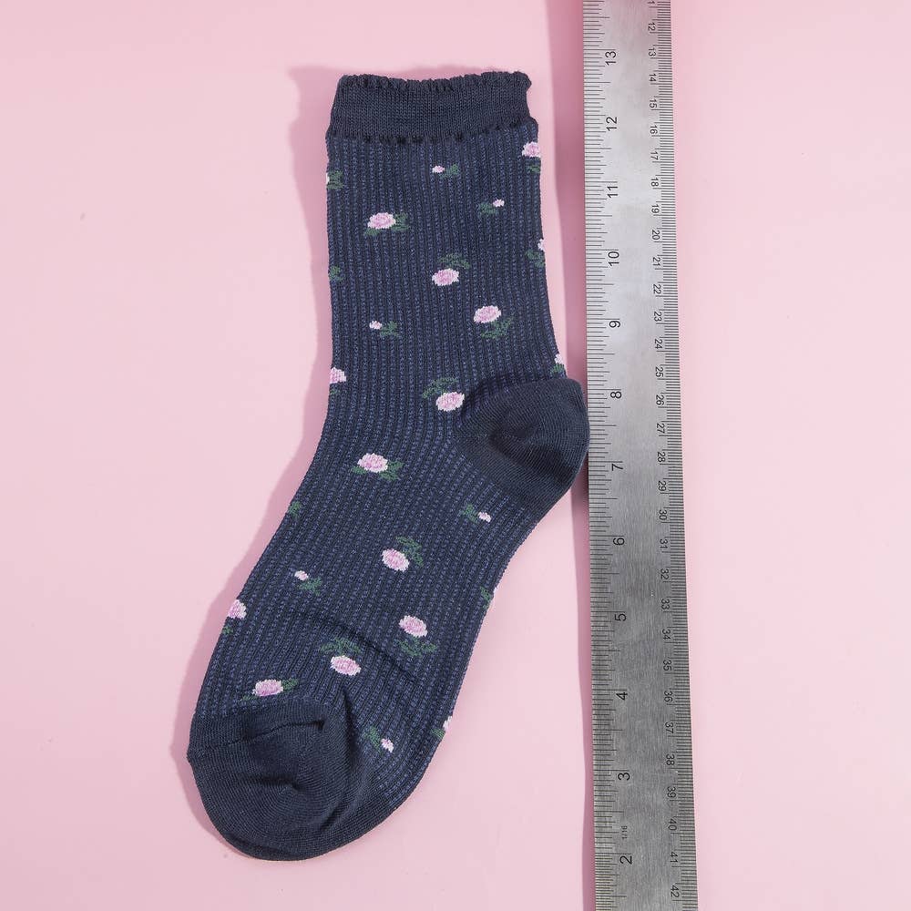 Navy Ribbed Ruffle Cuff Rose Print Crew Socks