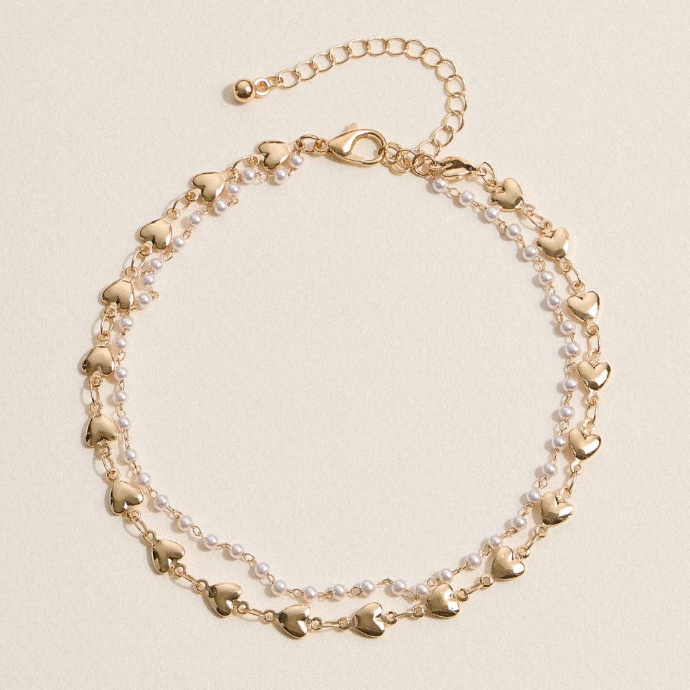 Double Layer Heart and Pearl Anklet