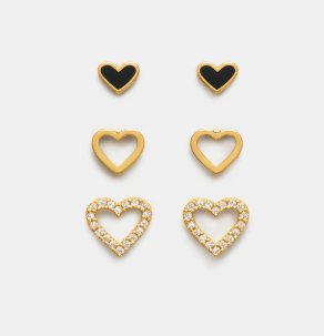 BIzou Trio of black and gold heart earrings in stainless steel