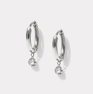 Bizou Silver huggies earrings with cubic zirconia charm in stainless steel