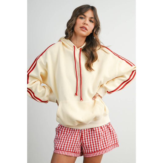 Butter Melon Contrast Striped Drawstring Hoodie