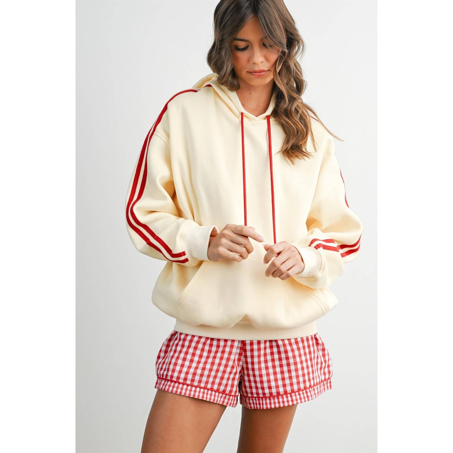 Butter Melon Contrast Striped Drawstring Hoodie