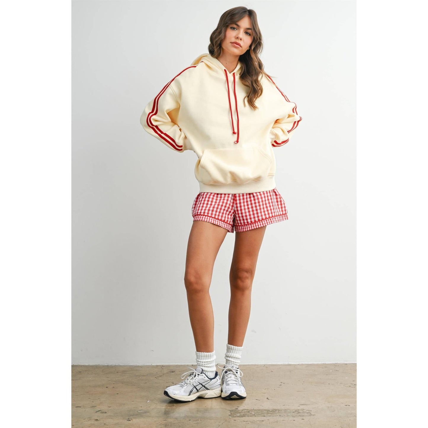 Butter Melon Contrast Striped Drawstring Hoodie