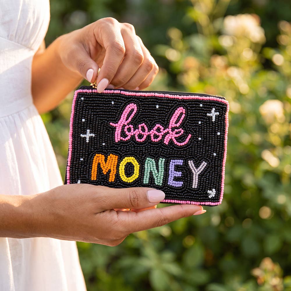Book Money Script Beaded Coin Pouch With Sparkles