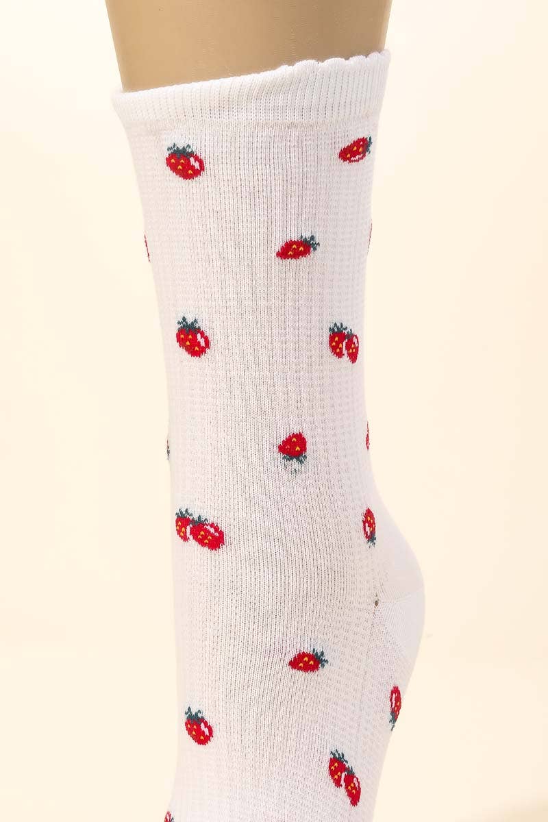 White Strawberry Print Socks