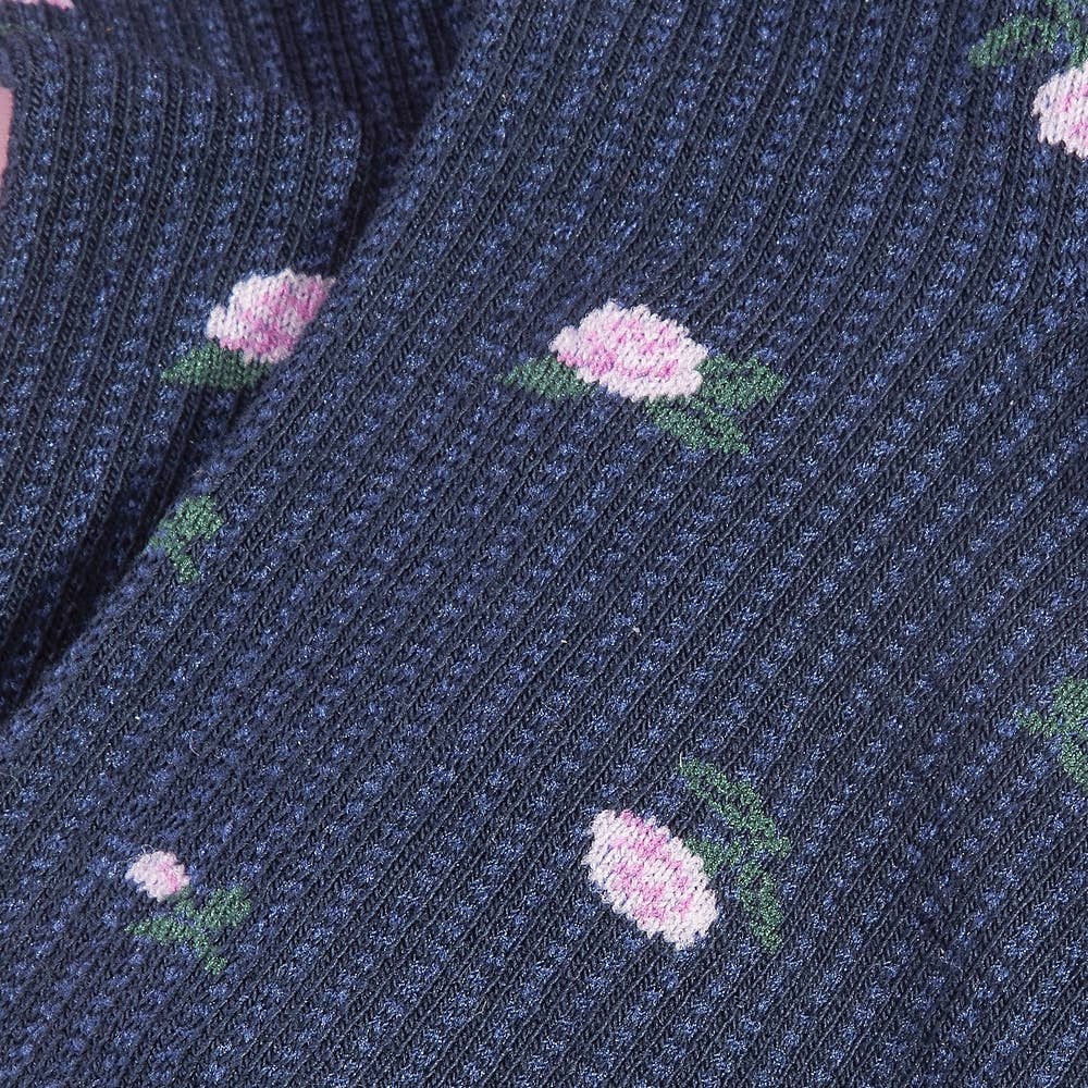 Navy Ribbed Ruffle Cuff Rose Print Crew Socks