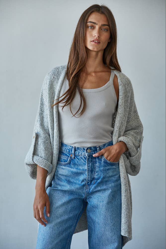 By Together Knit Folded Quarter Sleeve Open Front Cardigan
