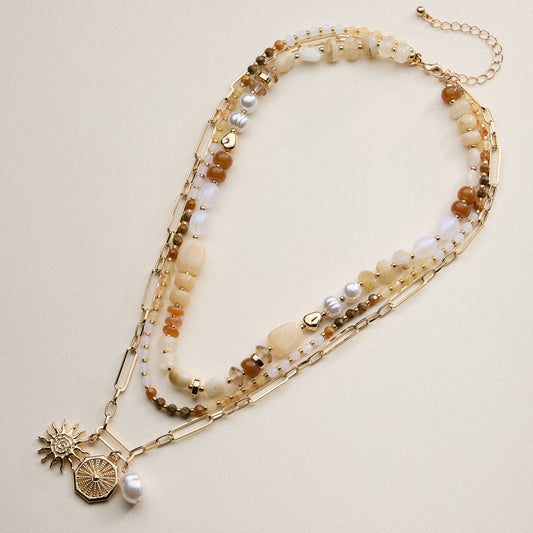 Layered Beaded and Chain Necklace with Sun and Pearl Charms