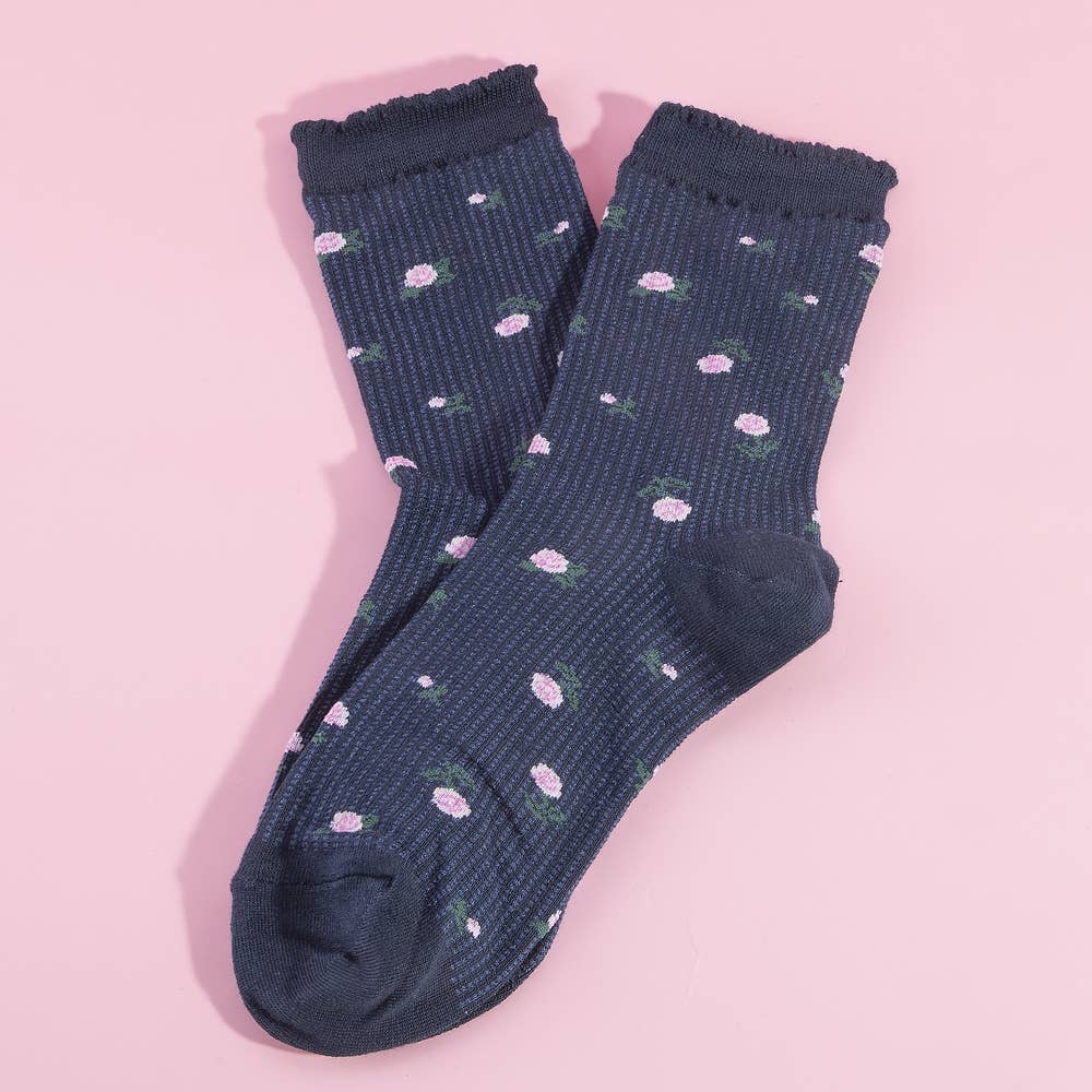 Navy Ribbed Ruffle Cuff Rose Print Crew Socks