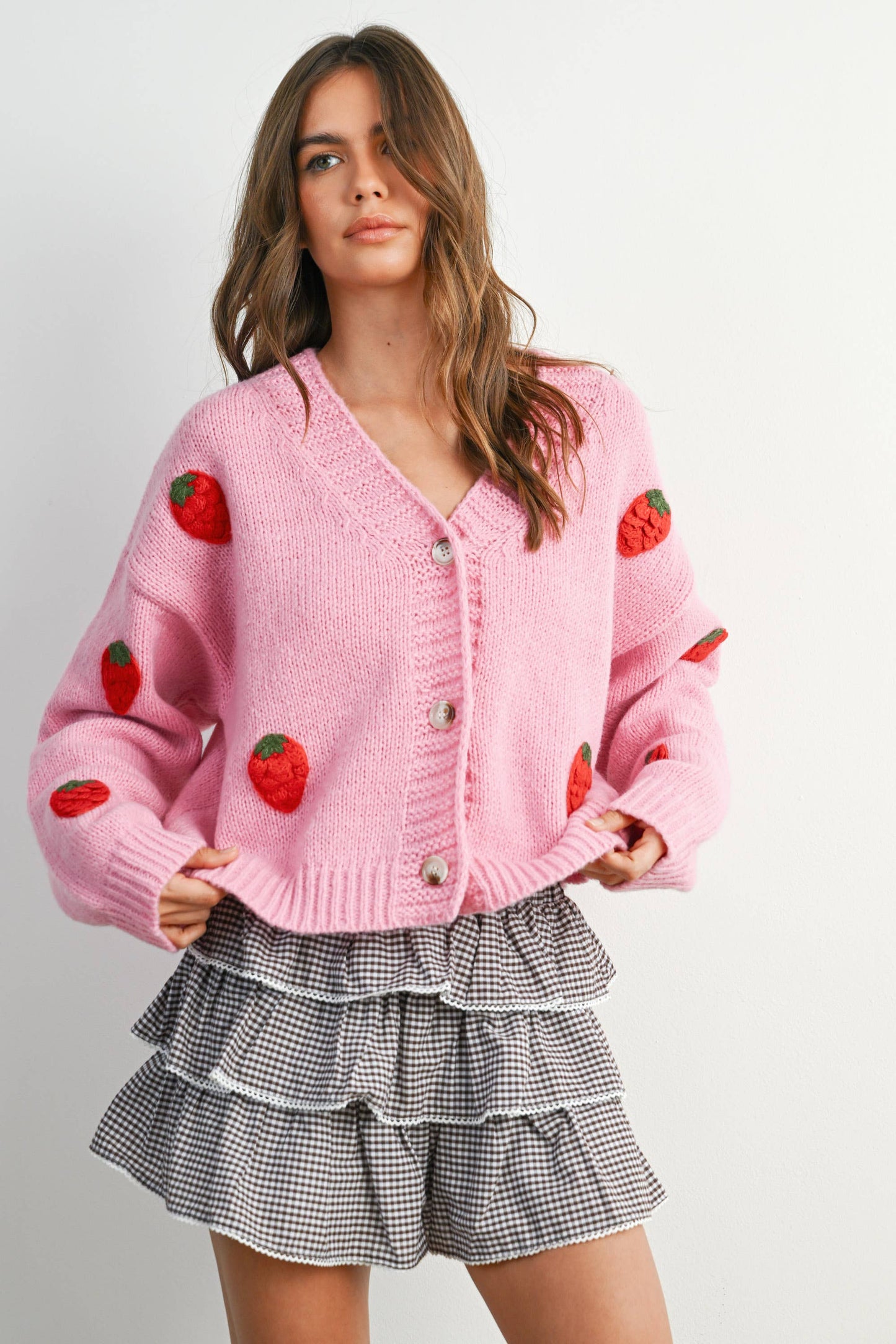 Butter Melon Strawberry Embroidered Cropped Cardigan