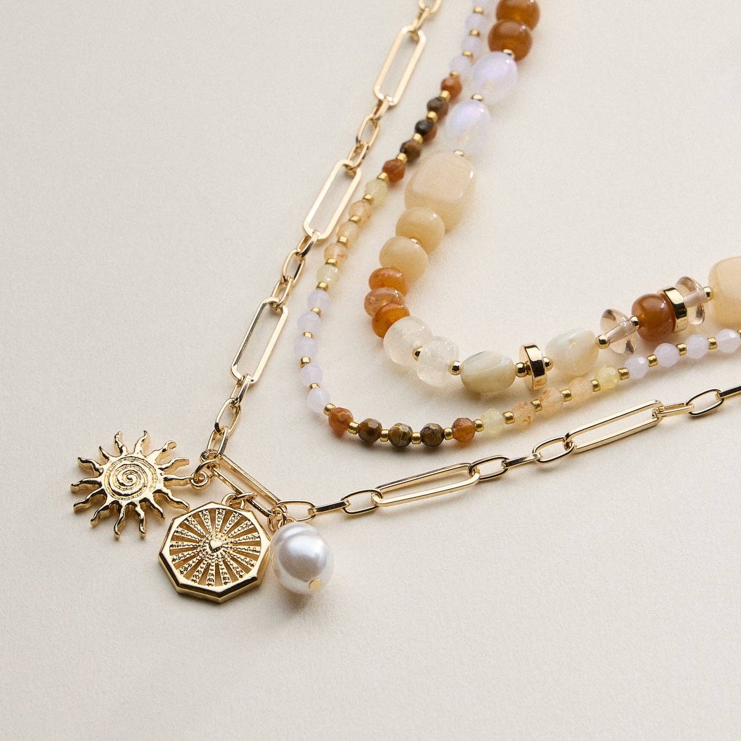 Layered Beaded and Chain Necklace with Sun and Pearl Charms