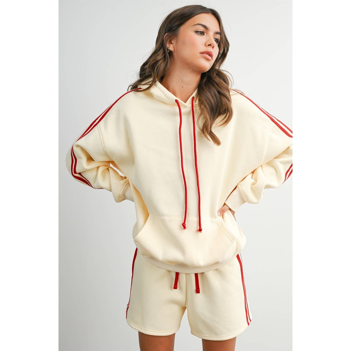 Butter Melon Contrast Striped Drawstring Hoodie