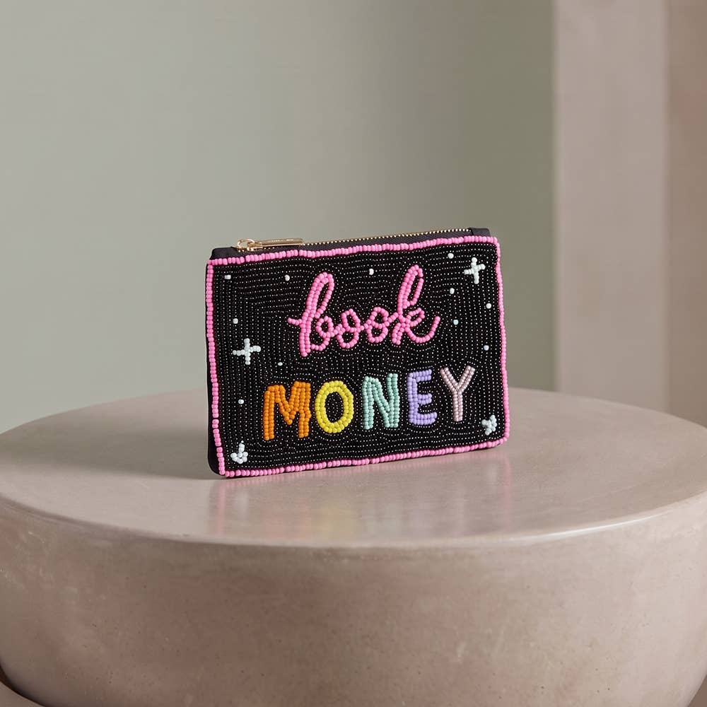 Book Money Script Beaded Coin Pouch With Sparkles