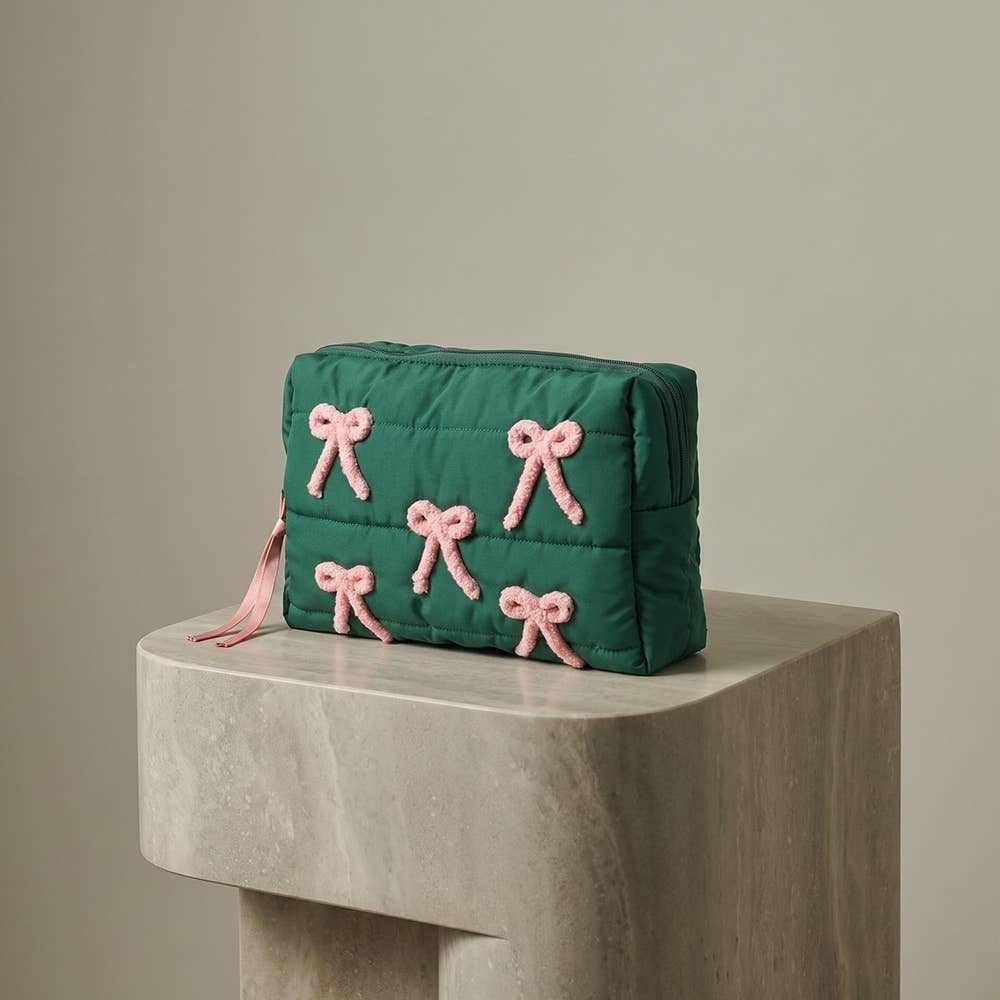 Bow Embellished Puffer Zip Pouch