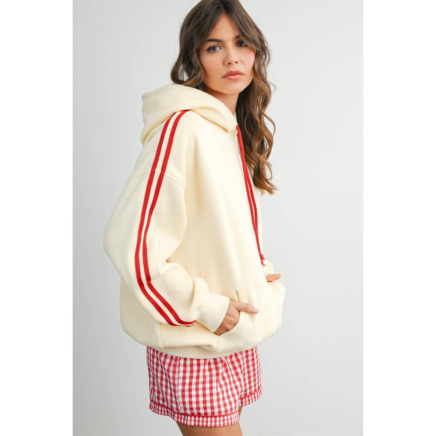 Butter Melon Contrast Striped Drawstring Hoodie