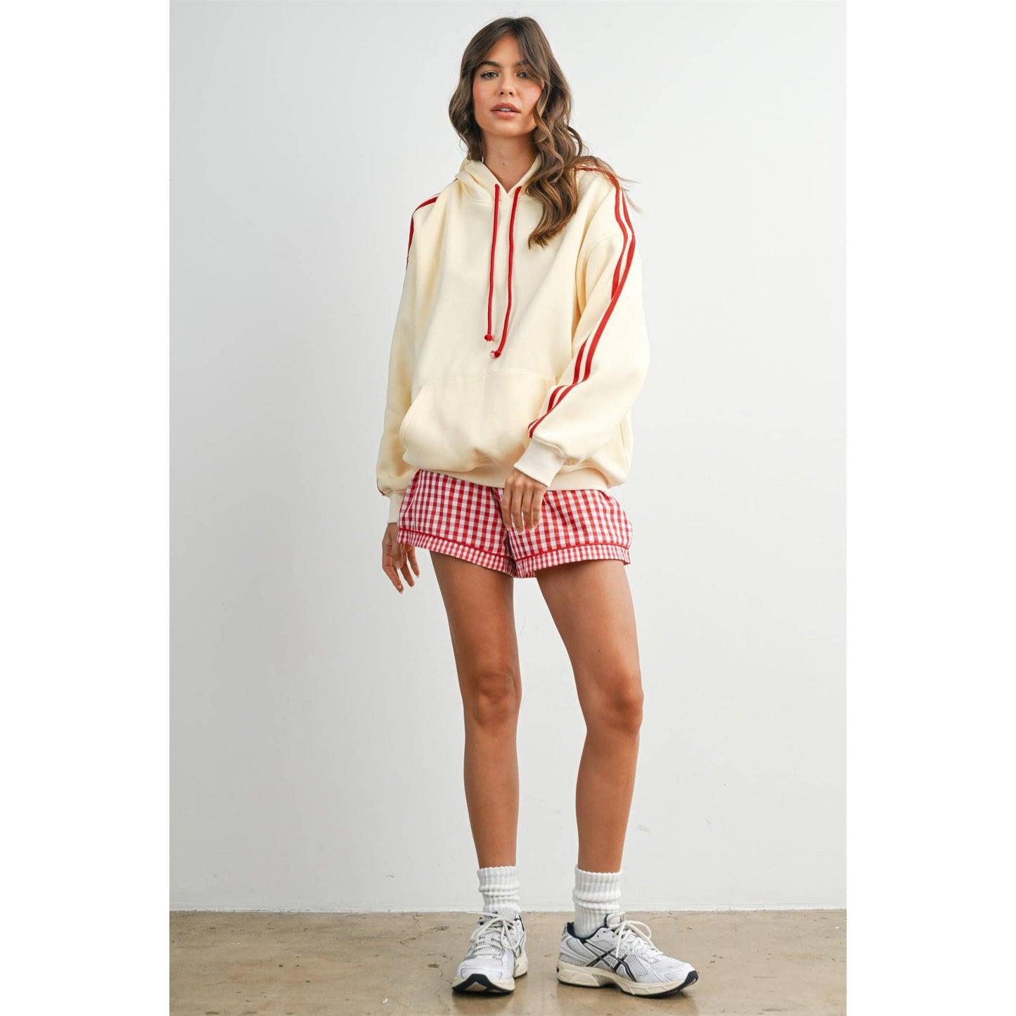 Butter Melon Contrast Striped Drawstring Hoodie