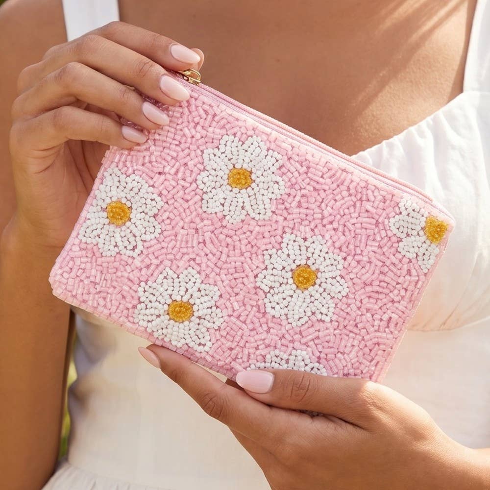Daisy Flowers Pink Seed Beaded Coin Purse