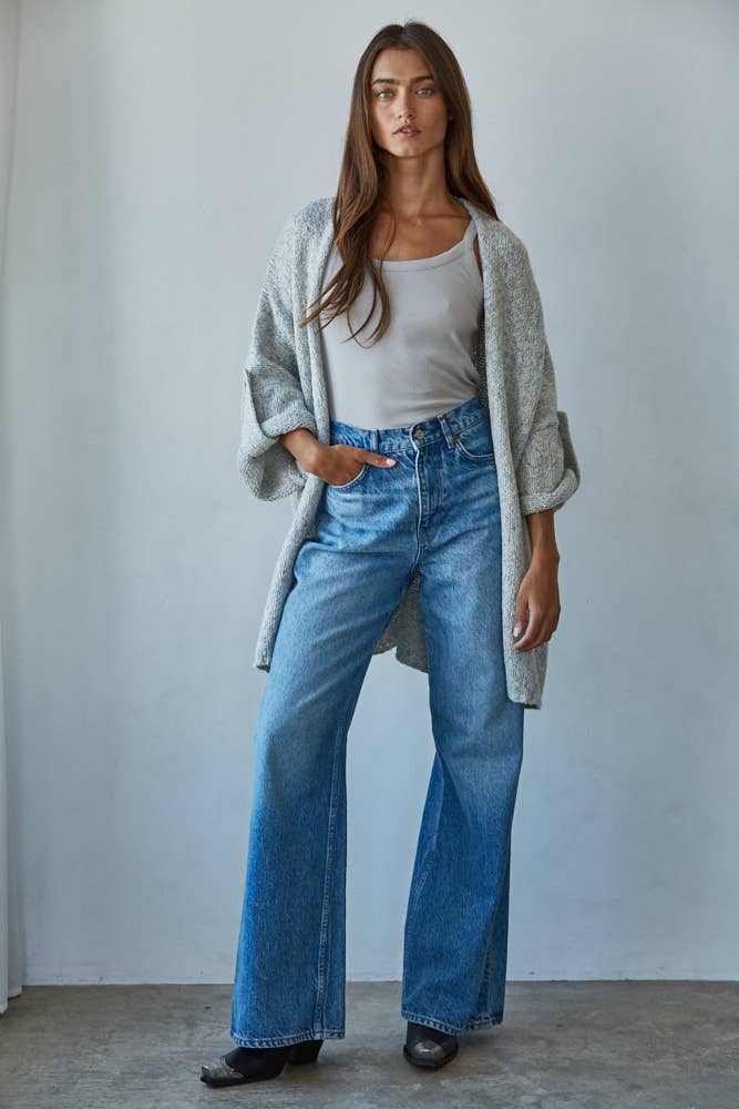 By Together Knit Folded Quarter Sleeve Open Front Cardigan