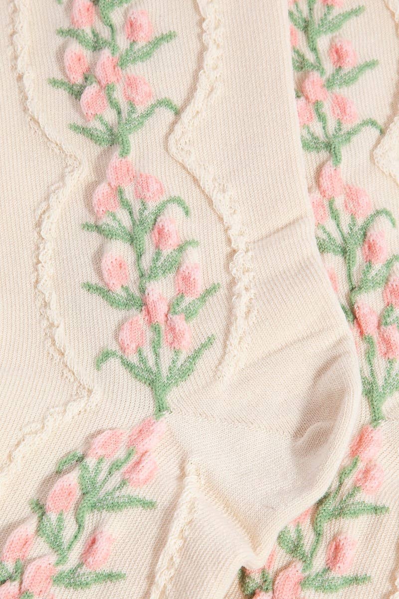 Beige Floral Tulip Vine Embroidered Socks
