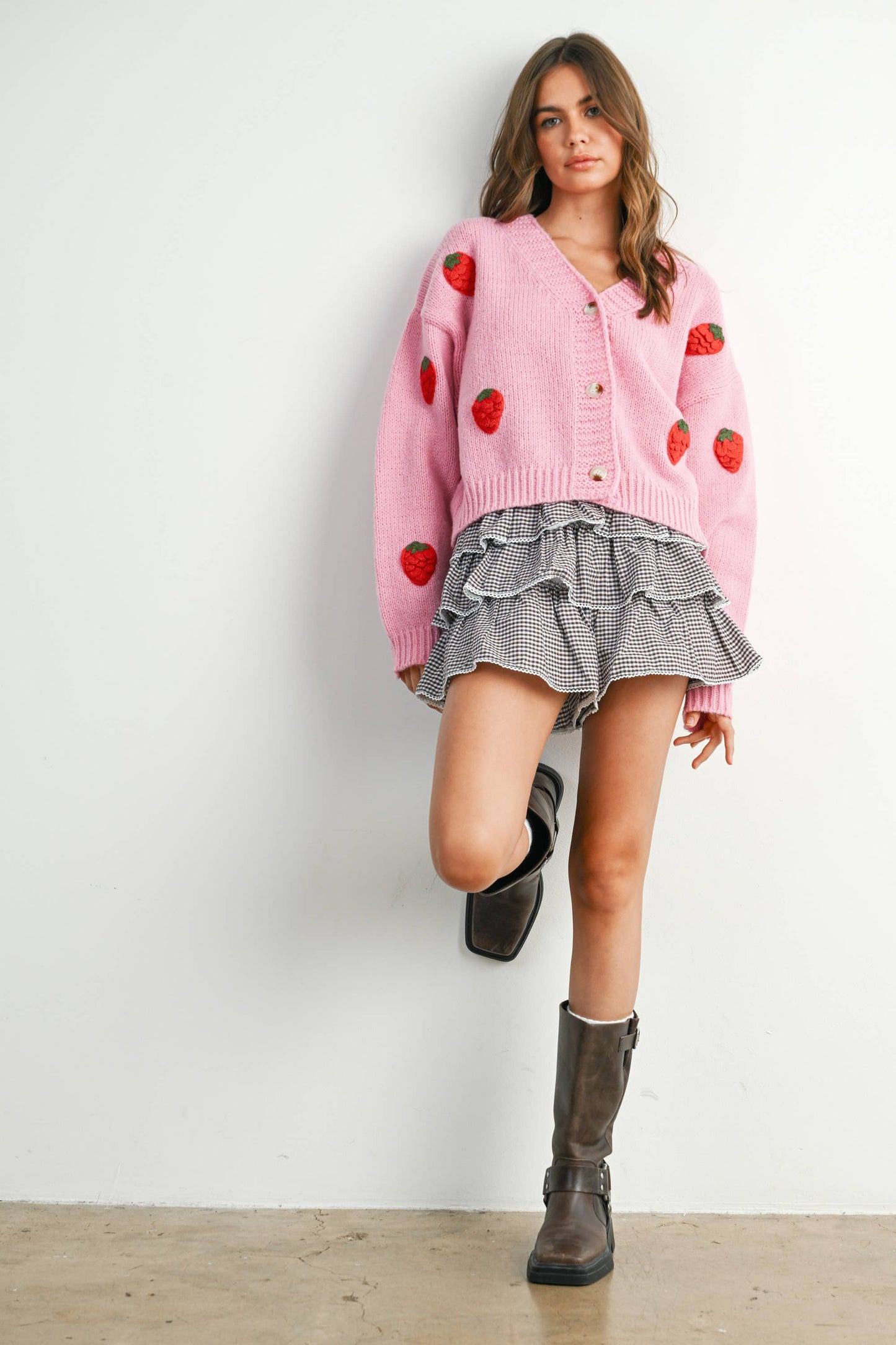 Butter Melon Strawberry Embroidered Cropped Cardigan