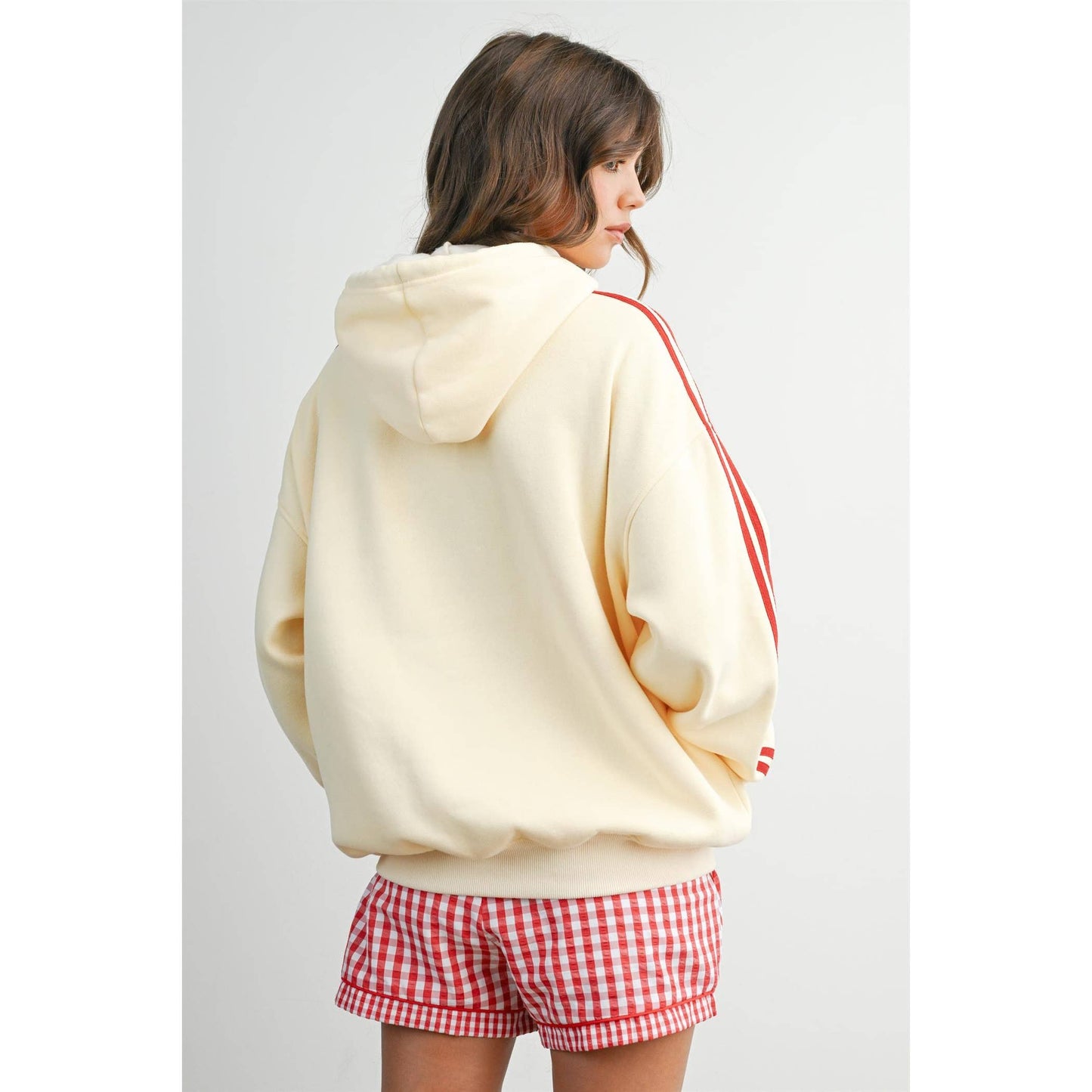 Butter Melon Contrast Striped Drawstring Hoodie