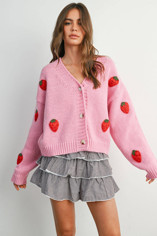 Butter Melon Strawberry Embroidered Cropped Cardigan