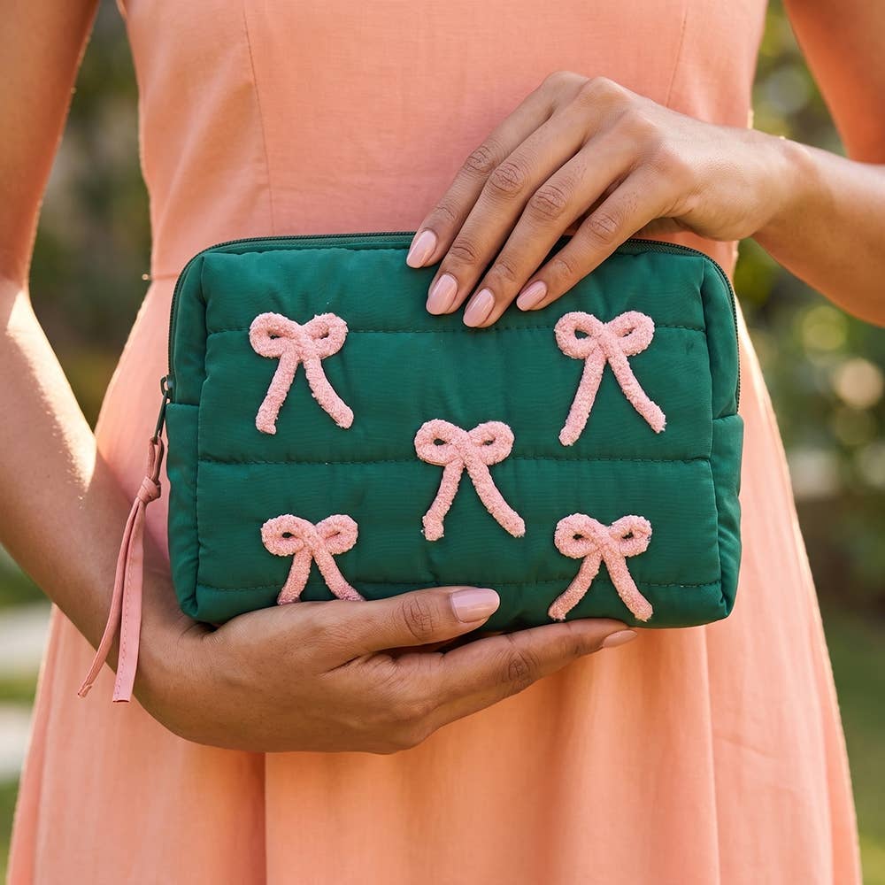 Bow Embellished Puffer Zip Pouch