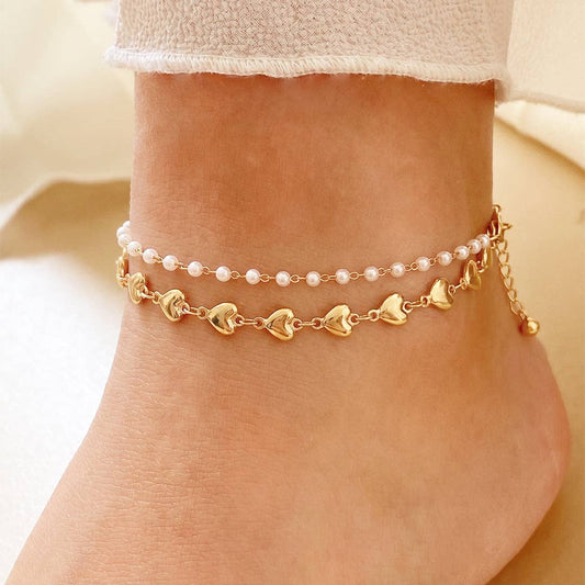 Double Layer Heart and Pearl Anklet