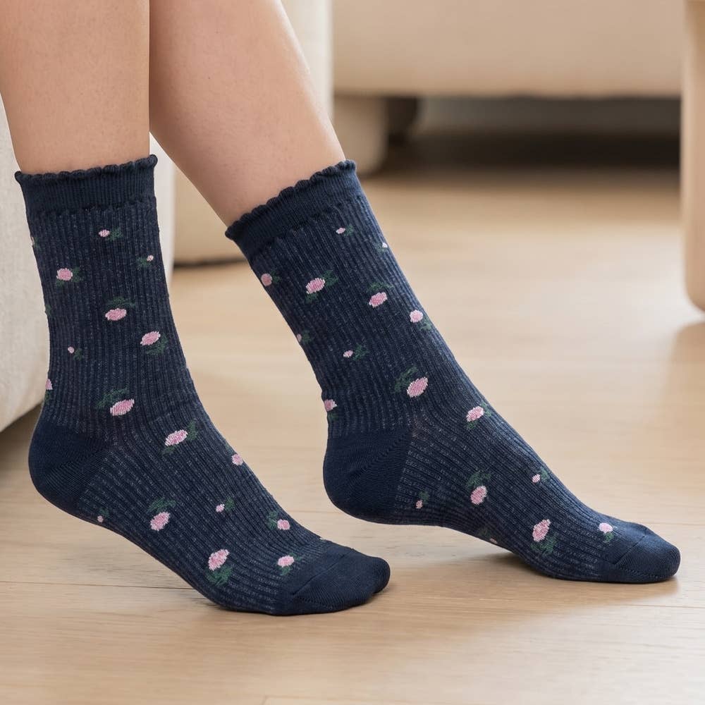 Navy Ribbed Ruffle Cuff Rose Print Crew Socks